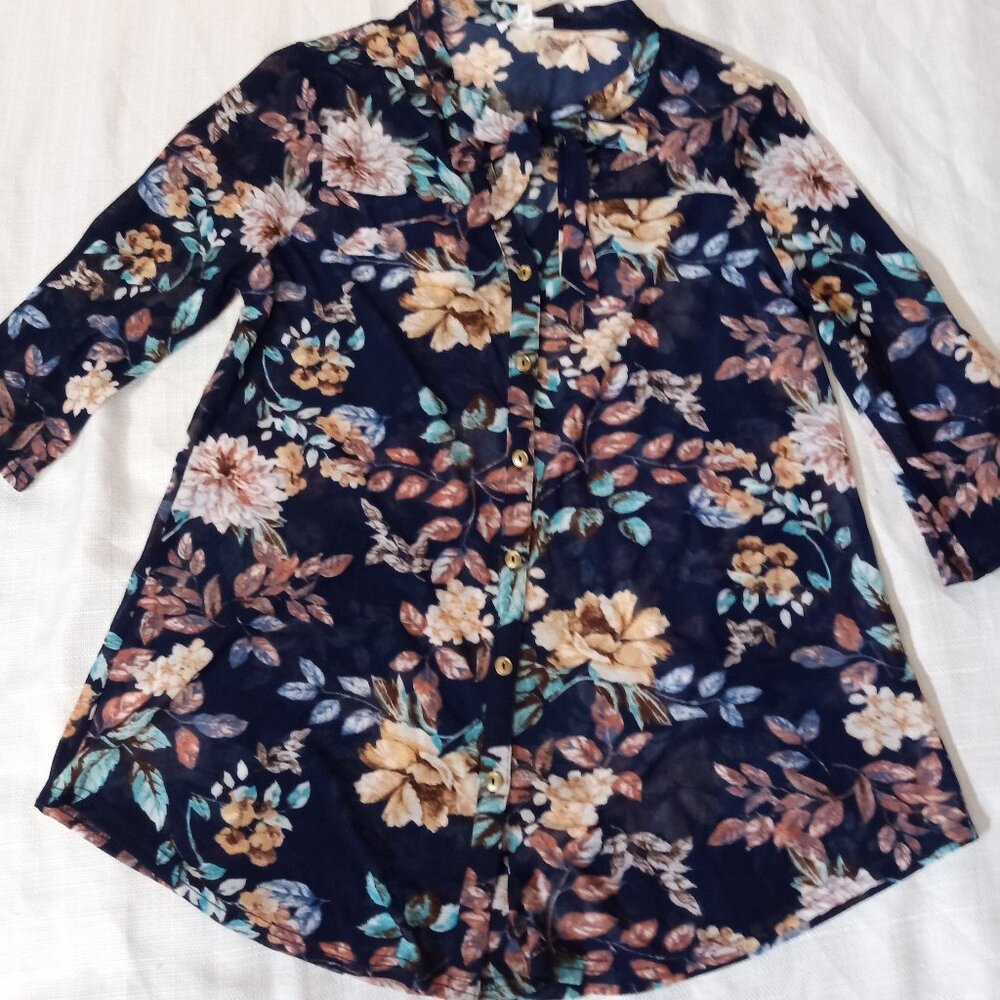 Women's Floral Print Buttton -Up Blouse 3/4 Sleeve Multi-color Siren Lily Med